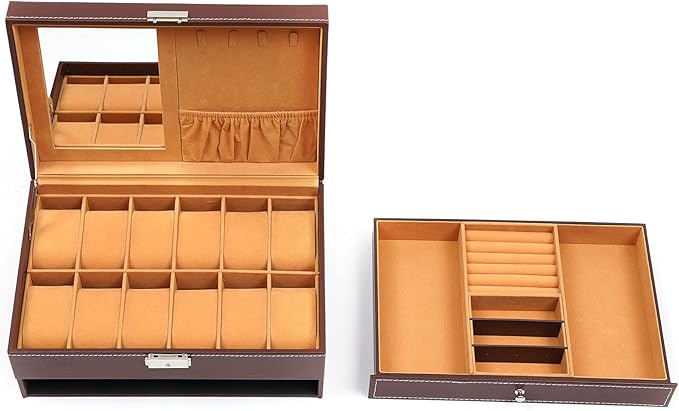 2-Layer Retro Jewelry Box Organizer with Mirror and Lock,Leather Jewelry Box for Womens Girls,Brown Jewellery Holder Organizer Box for Necklace Earrings Rings Bracelets, Christmas New Year Gift