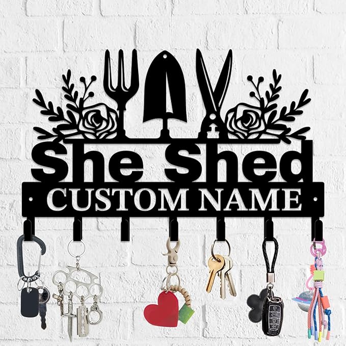 Personalized She Shed Metal Keys Hooks,Custom Name Metal She Shed Keys Hooks,Black Metal She Shed Wall Home Storage Decorative Keys Hooks,Key Holder Hooks for Wall (Style H)
