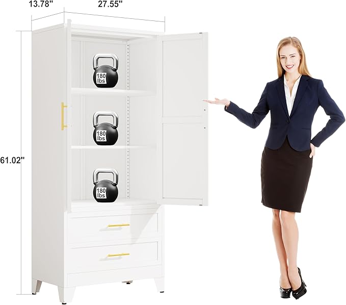 61" H Metal Pantry Storage Cabinet,Office File Cabinets with 2 Drawers and Shelves, Kitchen Cupboard Storage Cabinet for Bedroom and Dinning Room（White）