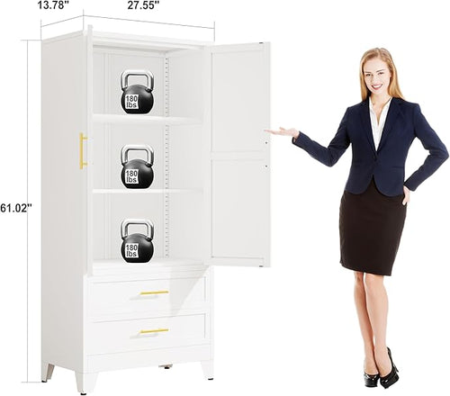 61" H Metal Pantry Storage Cabinet,Office File Cabinets with 2 Drawers and Shelves, Kitchen Cupboard Storage Cabinet for Bedroom and Dinning Room（White）