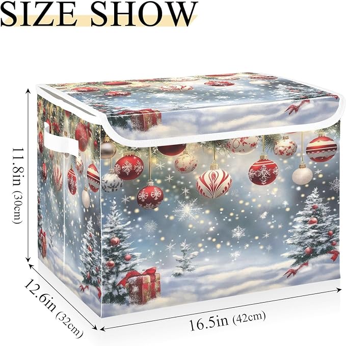 Storage Bins with Lids, Merry Christmas Foldable Storage Cube Boxes Fabric Storage Organizer Basket for Home, Bedroom, Office, Closet (16.5x12.6x11.8)