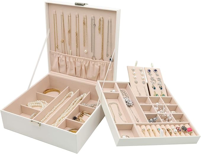 ProCase Jewelry Box for Women, 2 Layers Large Leather Jewelry Organizer Storage Case with Removable Pad for Earrings -White
