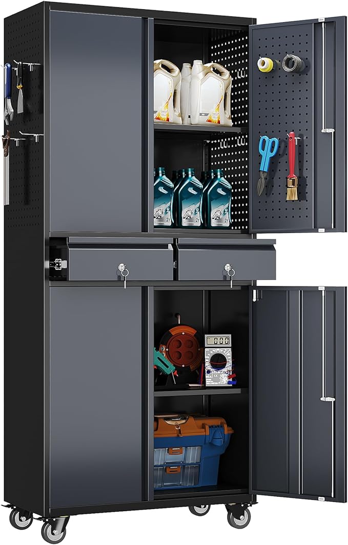 Garage Storage Cabinet with Wheels and Doors,71" H Metal Storage Cabinet with Pegboard and 2 Drawers for Garage, Warehouse,Home,Required Assembly,Black and Dark Grey