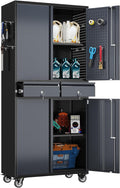 Garage Storage Cabinet with Wheels and Doors,71" H Metal Storage Cabinet with Pegboard and 2 Drawers for Garage, Warehouse,Home,Required Assembly,Black and Dark Grey