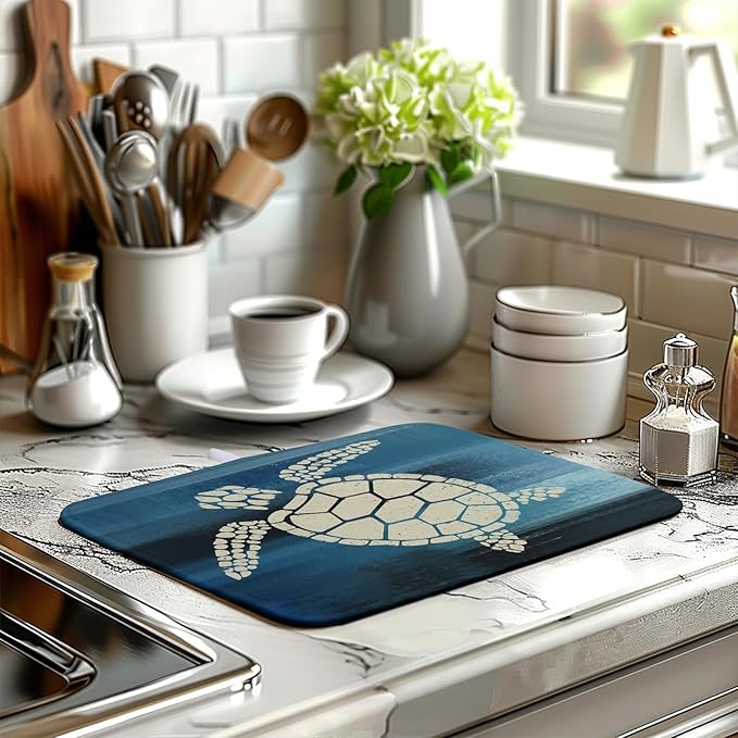 Wnoesat Sea Turtle Dish Drying Mat Summer Ocean Animal Dish Drainer Rack Mat 16 X 18 Inch Dark Blue Microfiber Absorbent Drying Mat for Kitchen Counter