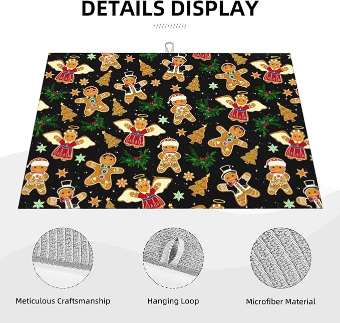Christmas Gingerbread Dish Drying Mat for Kitchen Counter Cute Kitchen Christmas Dish Mat Microfiber Kitchen Countertop Absorbent Reversible Drainer Rack Pad