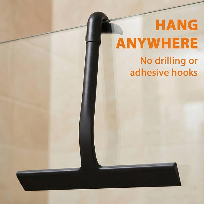 Shower Squeegee for Glass Doors, Hang Anywhere Silicone Shower Squeegee with Hook Design for Easy Hanging and Cleaning (Black)