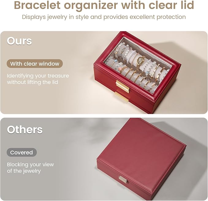 Lolalet Bracelet Holder Organizer with Clear Lid and Drawer, Bangle Storage Box Jewelry Display Holder for Watches, Jewellery Case for Women -Wine Red