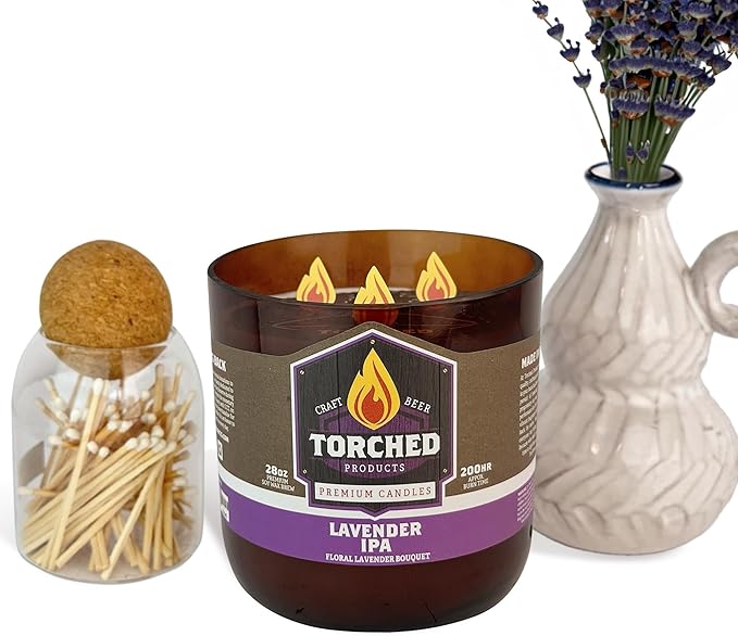 Torched Beer Scented Candles | Natural Soy Wax Candle | Lavender IPA Scent 28 oz | Makes a Great Gift for Men, Beer Lovers, and Collectors | Bar Man-Cave Decor and Accessories