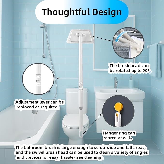 Tub Tile Scrubber Cleaning Brush, Sponge on a Stick for Cleaning Adjustable Long Handled Scrub Brush with 21.7'' Handle for Cleaning Shower Bathroom Vessel Sinks Toilet Wall Floor White