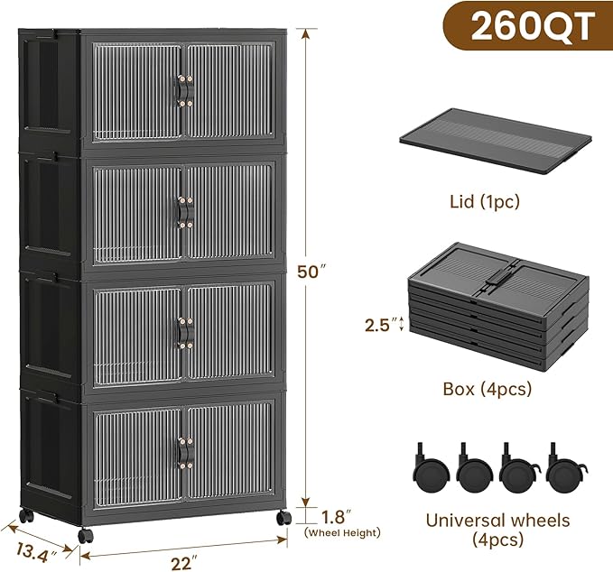 SAILUN 65Gal/260Qt Stackable Storage Bins Folding Collapsible Storage Bins with Lid, Closet Organizers and Storage Box with Door Black 22" W x 13" D x 50" H