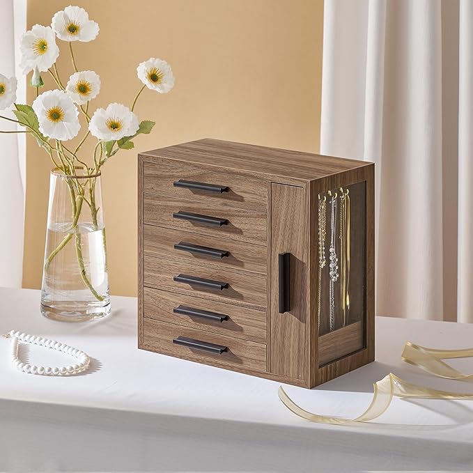 HOOBRO Jewelry Box for Women, Jewelry Organizer Box, 6-Tier Wooden Jewelry Box, Jewelry Case with Side Transparent Window, Creative Gift, for Earring, Necklace, Bracelet, Walnut and Black BH12JB04