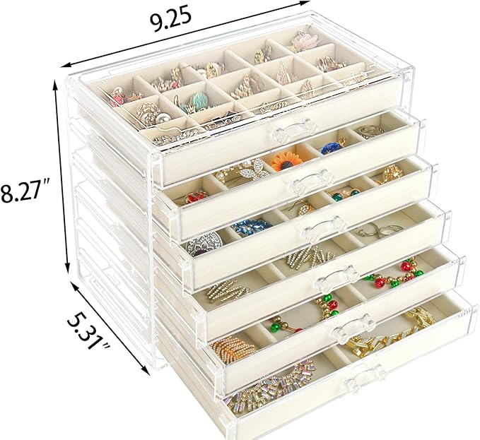 Acrylic Jewelry Box with 6 Drawers, Clear Earring Storage Organizer Display Case for Women Girls, Beige
