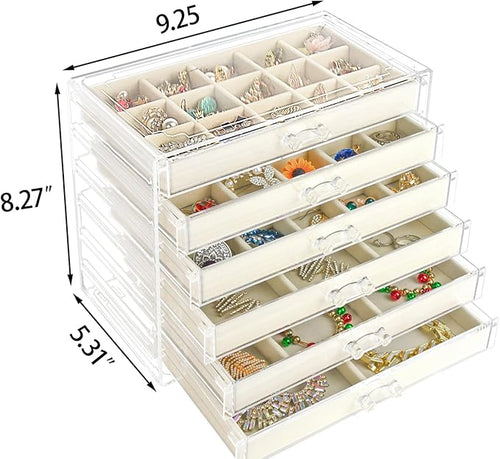 Acrylic Jewelry Box with 6 Drawers, Clear Earring Storage Organizer Display Case for Women Girls, Beige