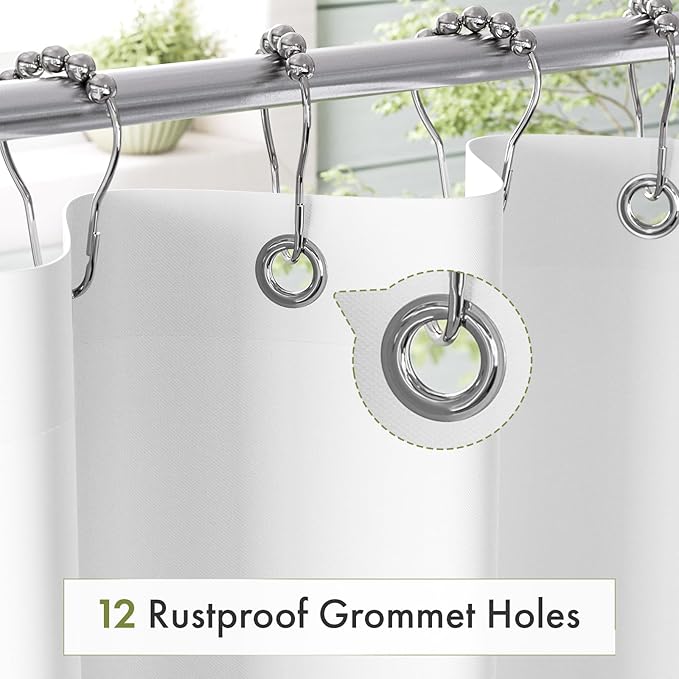 Amazer Extra Long Shower Curtain Liner Washable 72x90 Inches, Tall Shower Liner Fabric with 2 Bottom Stones, Waterproof 2-in-1 Shower Curtain and Liner, 12 Grommet Holes, Hotel Quality, White