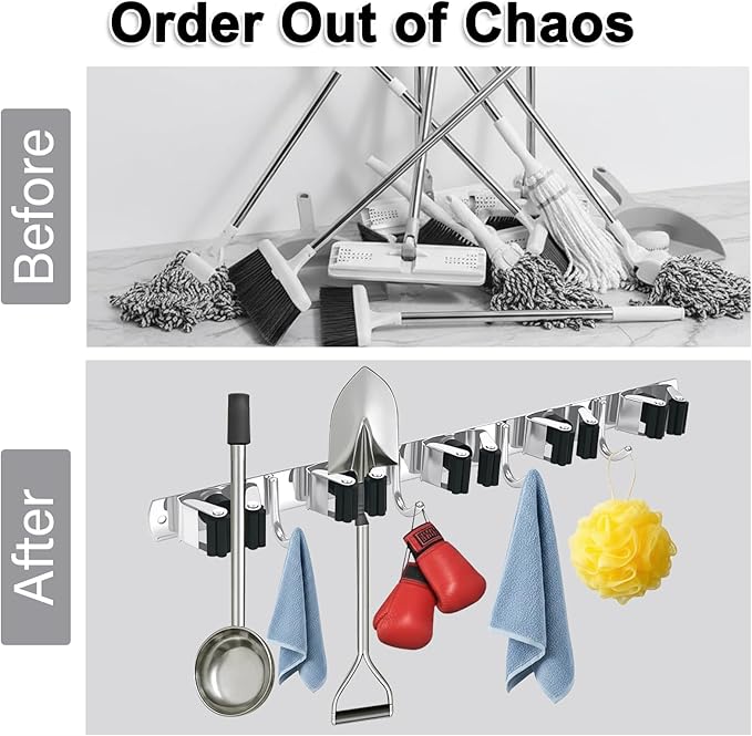 2 Packs 5 Racks and 4 Hooks Mop and Broom Holder Wall Mount, SUS304 Heavy Duty Broom Organizer Storage Tool Racks, Self Adhesive Solid Non-slip Tool Hangers for Home Kitchen Garden Laundry Garage