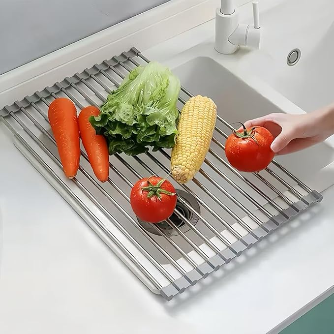 Sayehuanye Roll Up Dish Drying Rack, 17.7" x 15.8" Over The Sink Dish Drying Rack, Kitchen Dish Rack Foldable Dish Drainer, Stainless Steel Dish Drying Rack for Kitchen Sink Counter Storage (Grey)