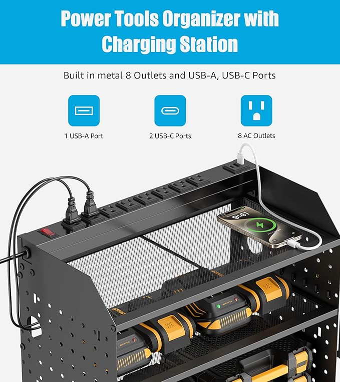 CCCEI Modular Power Tools Organizer with USB Charging Station, 4 Layer Drills and Battery Storage Wall Mount, Garage Shop Organization, Anniversary, Birthday, Gifts for Men, Father, 6FT Cord, Black.