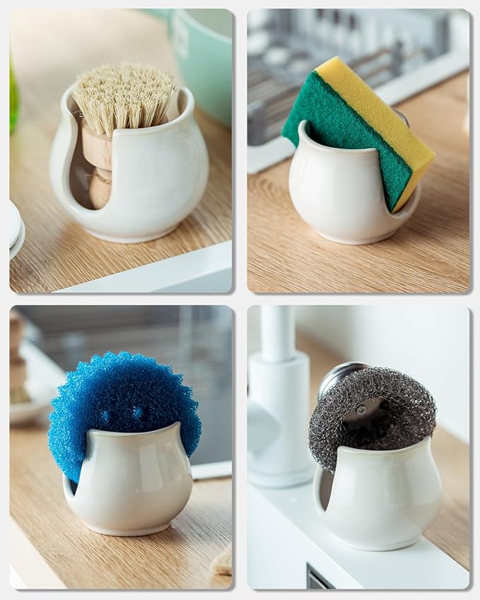 Zoeeker Sponge Holder for Kitchen Sink Counter, Ceramic Dish Sponge Caddy White Sink Organizer Dish Rack Farmhouse Brush Holder for Bathroom, Kitchen, White