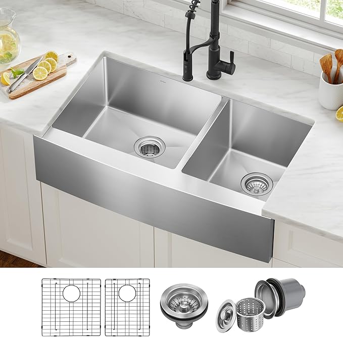 Kraus KHF203-36 Standart PRO Kitchen Stainless Steel Sink, 36 Inch Round Apron 60/40 Double Bowl