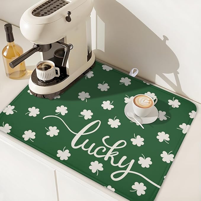 Wnoesat St Patricks Day Lucky Clover Dish Drying Mats for Kitchen Counter Green White Shamrock Dish Drying Pad St Patrick Microfiber Absorbent Reusable Washable Large Dishes Drying Mat 18x24 Inch