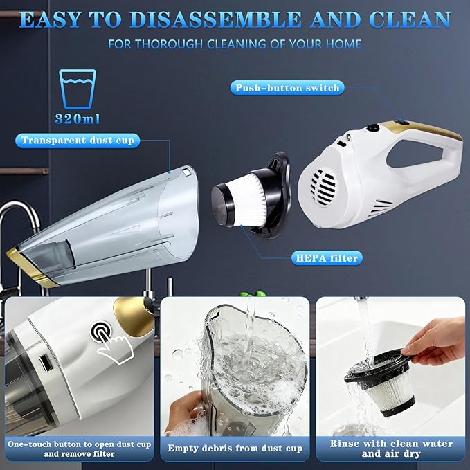 XGJUCE Handheld Vacuum Cordless,Car Vacuum Portable Cordless Rechargeable Hand Vacuum with LED Light, 6kpa Powerful Suction with Three Types of Suction Heads and Filters for Cat/Home/Office Cleaning