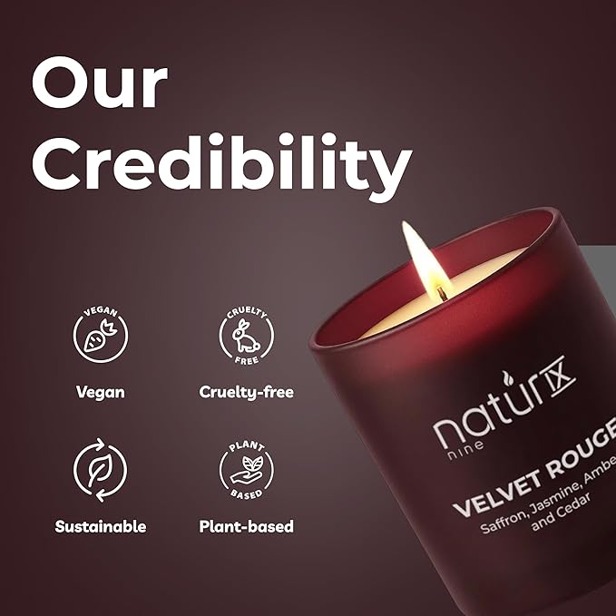 Natur IX Velvet Rouge Scented Candles for Home | Cedarwood, Saffron, Jasmine & Amber | Natural Non Toxic Soy Candles with Essential Oils | 50 H Long Burning