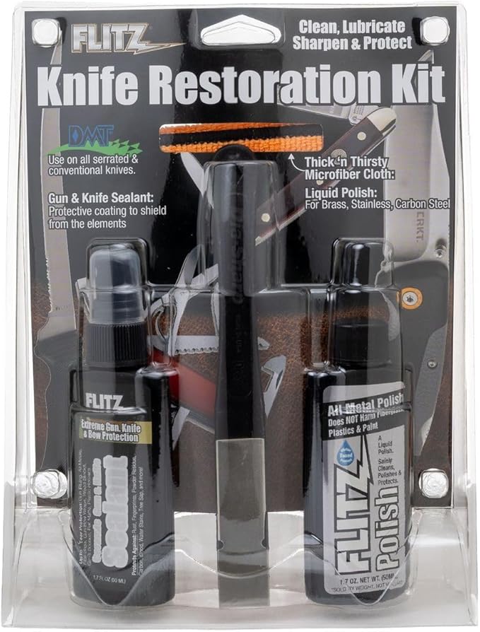 Flitz Knife Restoration Kit - USA-Made All-in-One Knife Cleaner & Restoration Tools - Includes 1.76oz Polish, 1.7oz Ceramic Sealant, Diamond Sharpener, & Microfiber Cloth - Rust Remover for Knives