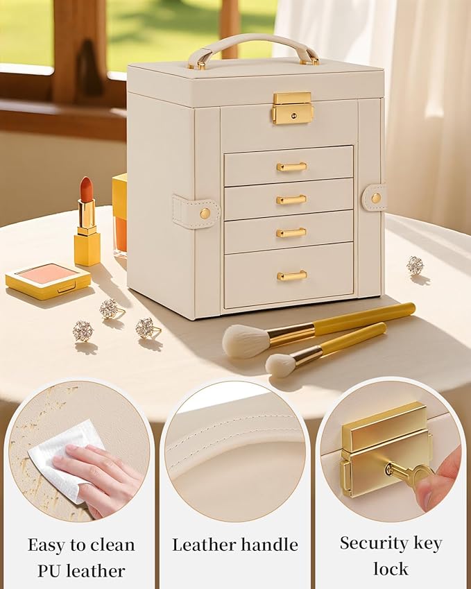TORIBIO Jewelry Box for Women, Leather Jewelry Organizer with Mirror & Lock, 5-Tier Jewelry Storage Organizer with 4 Drawers for Girls/Women/Mothers, Necklace Earring Bracelets Holder Organizer