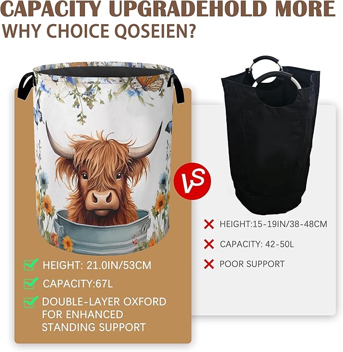 Highland Cow Laundry Hamper,Collapsible Laundry Baskets,Butterfly Flowers Dirty Clothes Baskets with Handles,Oxford Cloth Hamper for Bedroom,Bathroom,College Dorms, 16"x20"