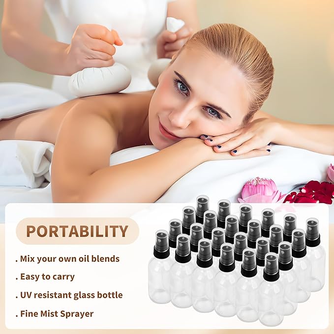 BILLIONSTARS 24 Pack 2oz Glass Boston Round Bottle with Fine Mist Sprayer - Clear - Essential Oils, Bath, Beauty, Hair & Cleaning - Leakproof Travel Bottles