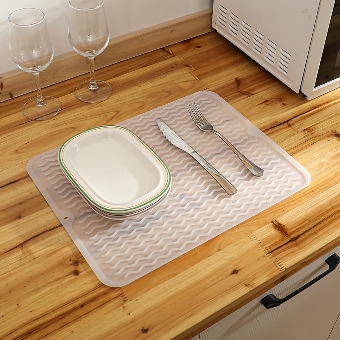 MicoYang Silicone Dish Drying Mat for Multiple Usage,Easy clean,Eco-friendly,Heat-resistant Silicone Mat for Kitchen Counter or Sink,Refrigerator or drawer liner Translucent L 16 inches x 12 inches