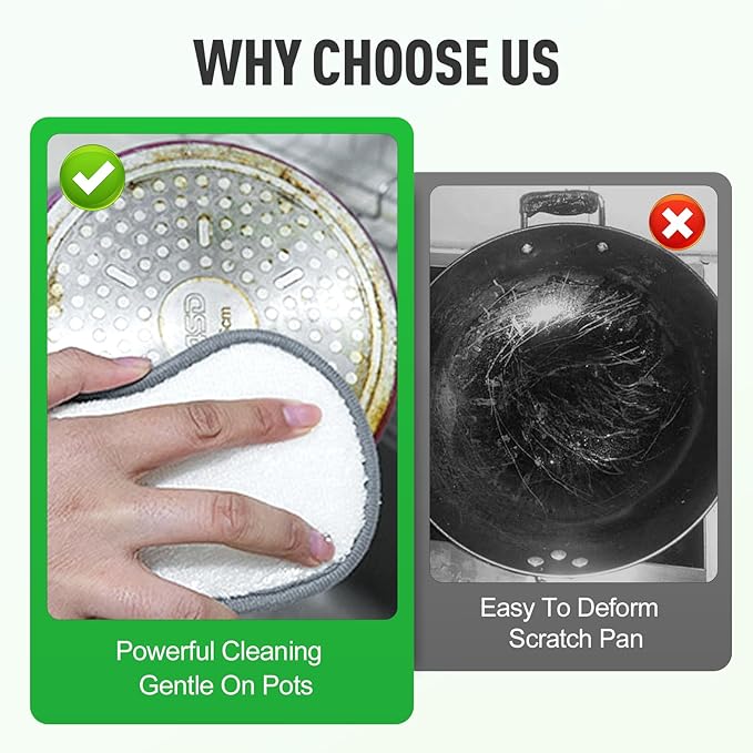 Multipurpose Cleaning Sponges, Non Scratch Double-Sided Heavy Duty Scrub Sponges, Silver Stainless Steel and Multi-Layer Fiber, Metal Scrubbing Pads Sponge Cloths for Home Kitchen (10)