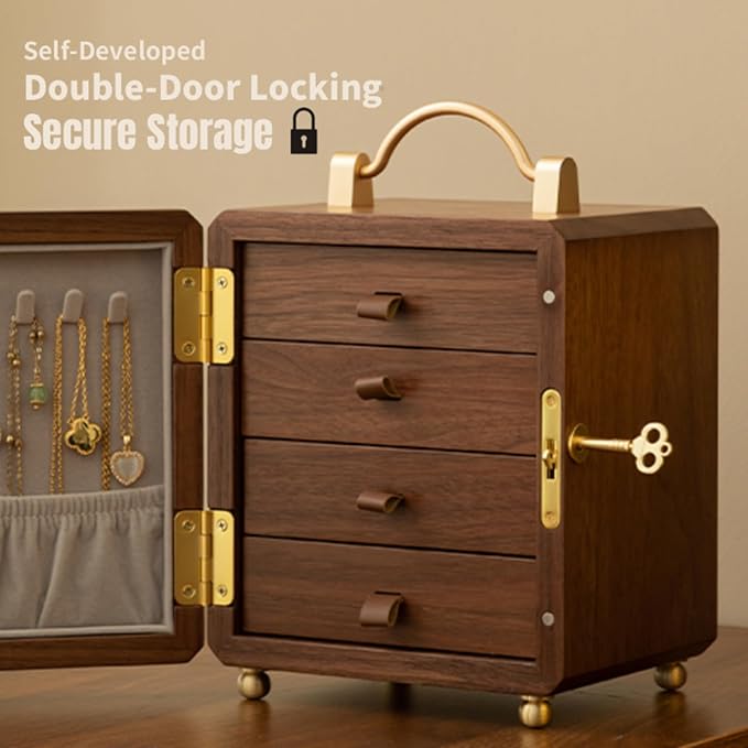 Kinsuite Black Walnut Jewelry Box - 4-tier Jewelry Organizer with Secure Double-Door, Safe with Lock for Earring, Ring, Necklace, Bracelets, Mirror with Floral & Butterfly Patterns