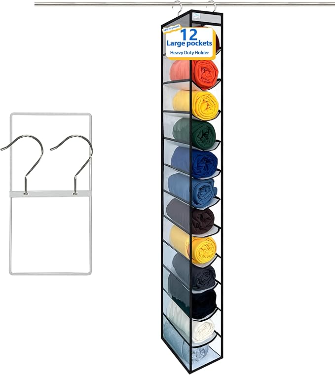 zebricolo,Closet Organization,12 Section, Hanging Closet Organizer, Space Saving, College Dorm Essentials for Girls,Heavy dutys Hooks Up to 45 Pounds,Clothes Storage,Closet Organizer,White/Black