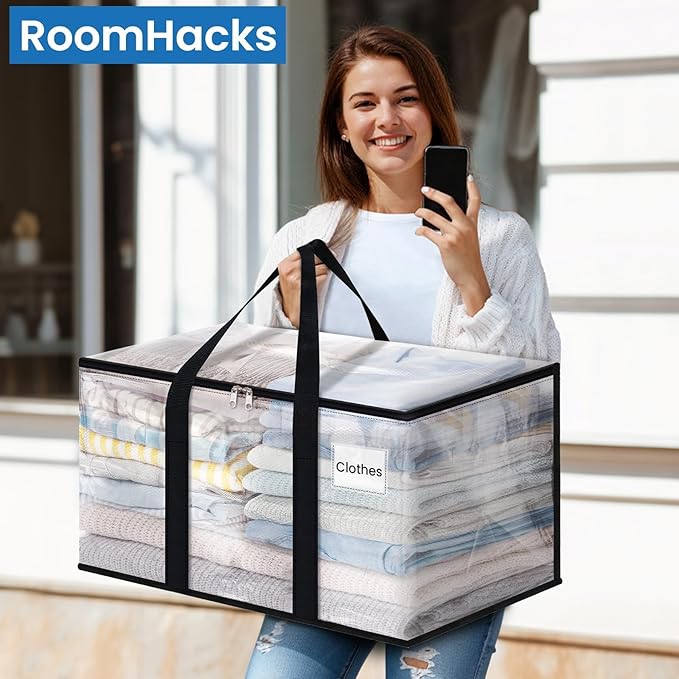 Heavy Duty Clear Moving Bags with Reinforced Handle and Double Zipper, Storage Totes, Packing Bags Alternative to Moving Essential and Supplies Box, Clear, Large, 6 Packs