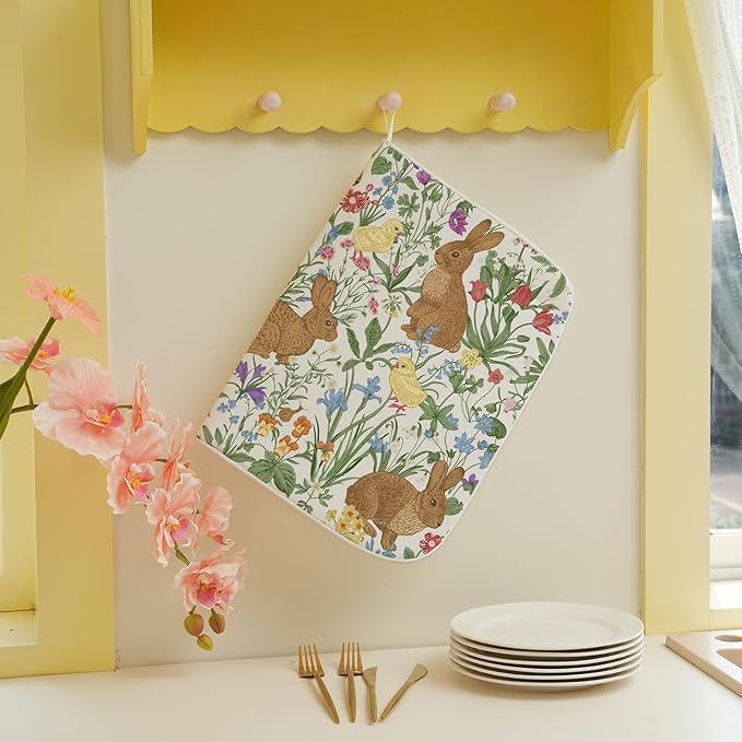 Spring Dish Drying Mat 18x24 Inch Easter Rabbit Bunny Floral Drying Mat Sage Green Wildflower Holiday Absorbent Dish Drying Pad Dish Rack Drainer Mats for Kitchen Dining Counter