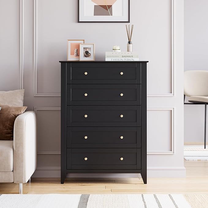 Modern 5 Drawers Dresser for Bedroom, Tall Wood Chest of Drawers for Clothes, Big Storage Dressers Organizer with Gold Handles & Deep Drawers, Living Room, Closet, Hallway, Black
