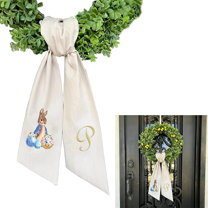 Rabbit Easter Wreath Bow Custom Embroidered Monogram Spring Bunny Wreath Sash for Front Door Hand Tailored Easter Decorations Spring Bows for Wreaths (P)