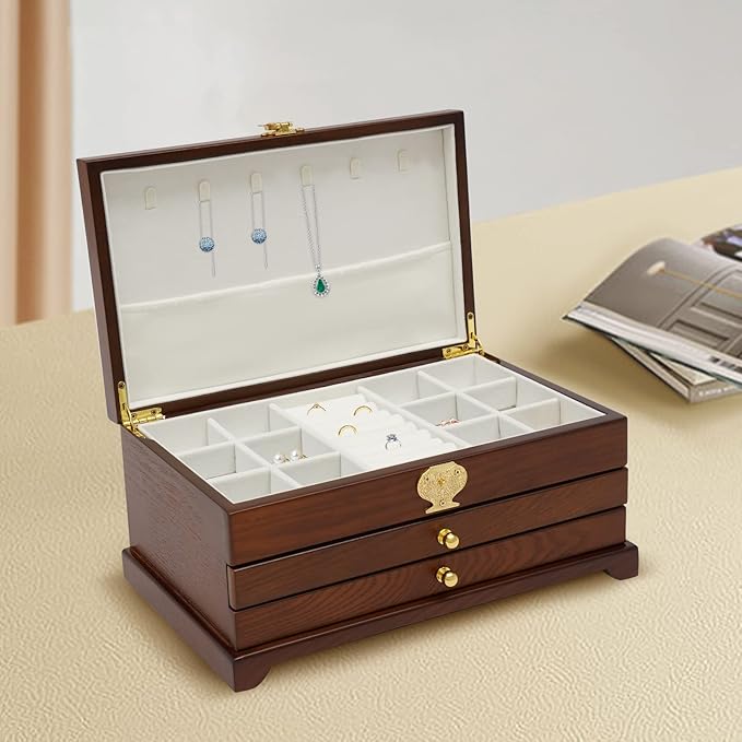 Eapmic Extra Large 3 Layers Wooden Jewelry Box Jewelry Case Cabinet Armoire Ring Necklacel Gift Storage Box Organizer(3 Layers,Brown)
