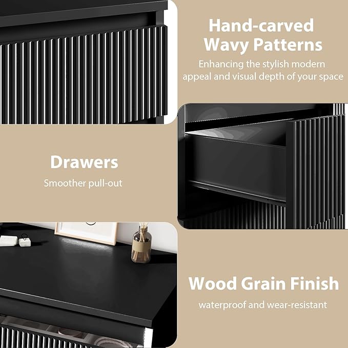 6 Drawer Dresser Black Modern Fluted Tall Wooden Chest Double Dresser for Bedroom, Living Room, Closet