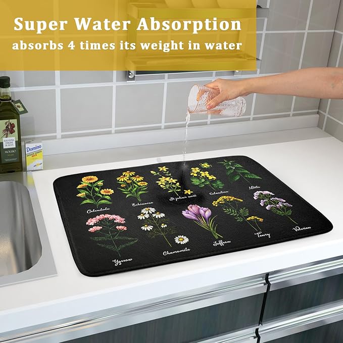 Black Flower Herbs Dish Drying Mat 18x24 Inch Botanical Floral Microfiber Drying Mats with Hanging Loop Foldable Absorbent Dish Drainer Rack Pad