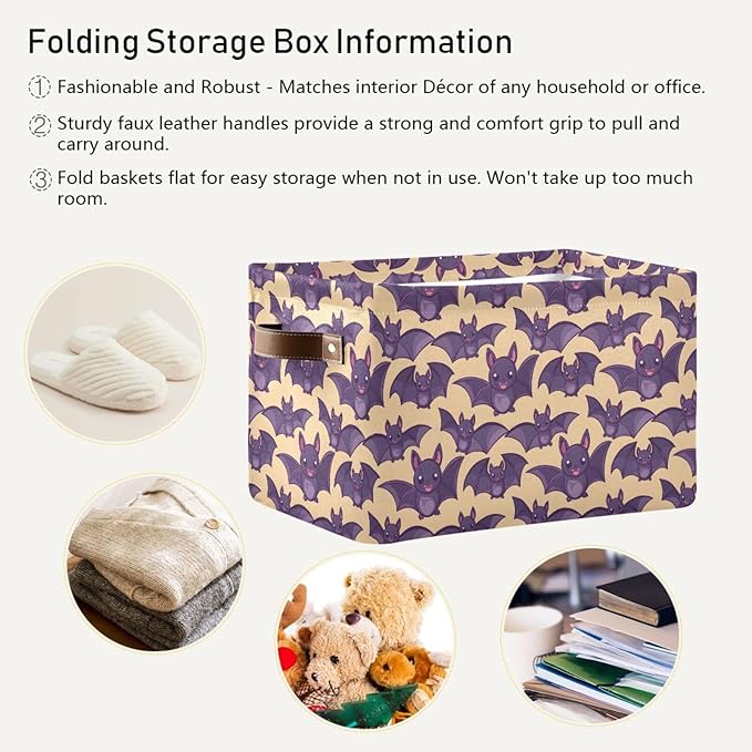 ALAZA Bat Halloween Yellow Foldable Storage Box Storage Basket Organizer Bins with Handles for Shelf Closet Living Room Bedroom Home Office 2 Pack