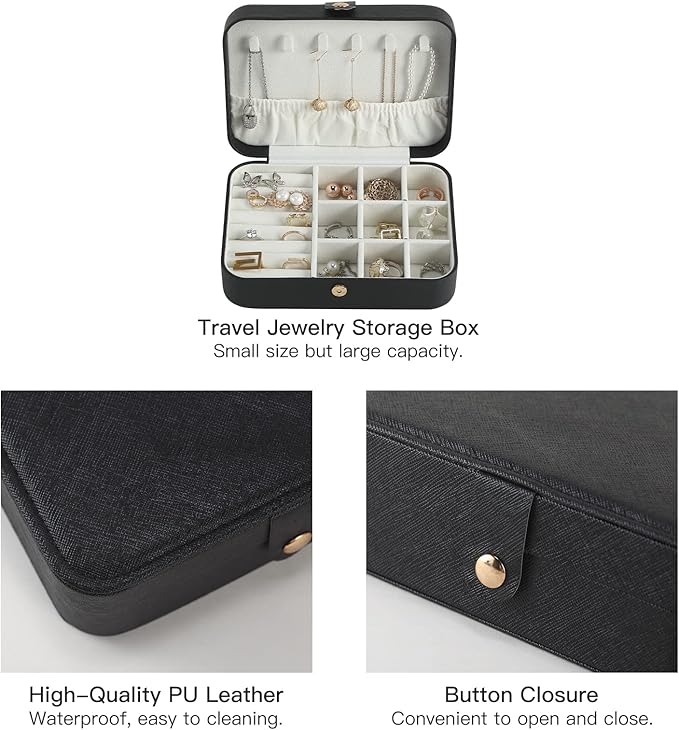 CASEGRACE Travel Jewelry Box Small Jewelry Organizer Case Display Storage for Earrings Necklace Rings Bracelets Portable Jewelry Organizer for Women Girls, Black