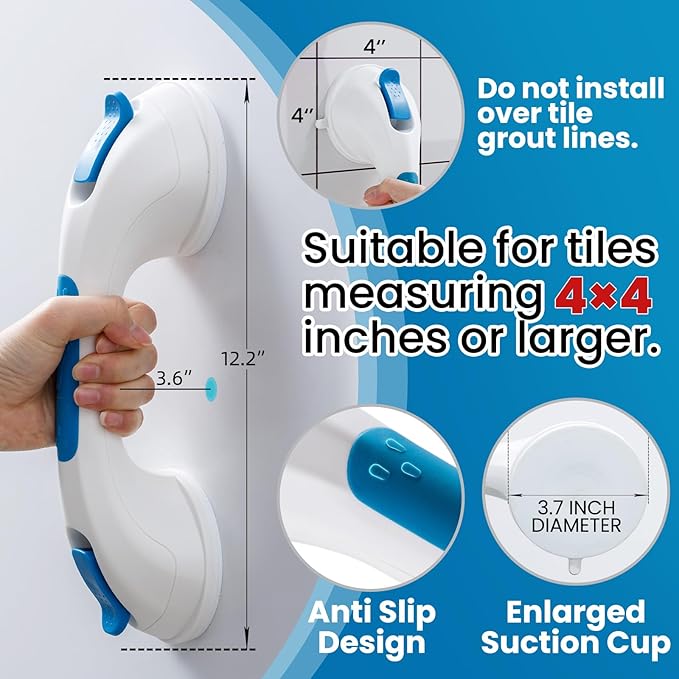 TAILI Shower Grab Bar Glow in The Dark, 12.2 in Grab Bars for Bathtubs and Showers, Bath Handles Bath Rails for Seniors and Elderly,Bathroom Safety Grip Removable No Drilling Waterproof Blue