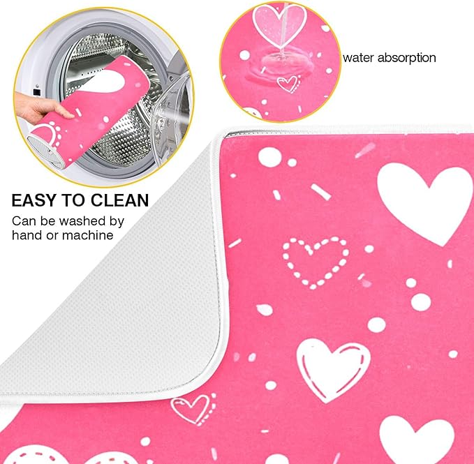 Hot Pink Love Dish Drying Mat for Kitchen Countertop 16x18 Happy Valentine’s Day Heart Small Drying Mat Reusable Quick Dry Dish Sink Mats Easy Clean Decorative Essentials