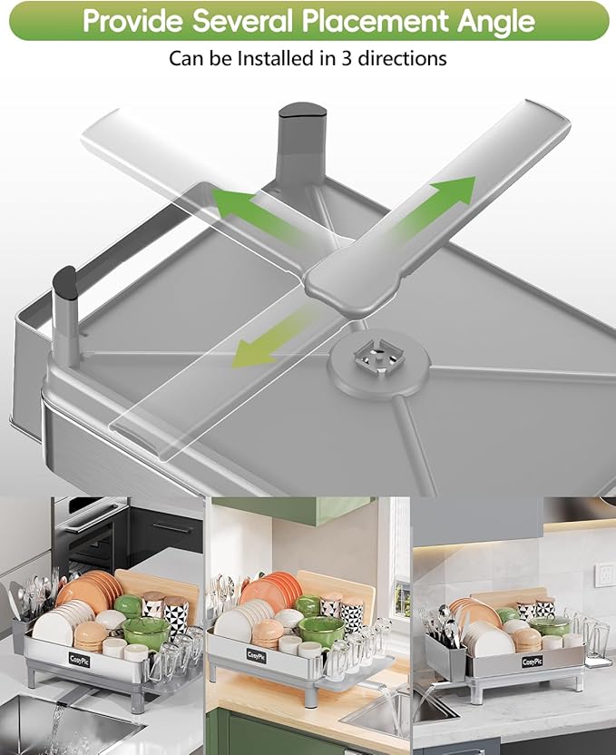 CosyPic Dish Racks, Thicker Premium 304 Stainless Steel Dish Drying Rack for Kitchen Counter, Automatic Drainage Spout, Dish Drainer & Drainboard Set with Utensil Holder and Cup Holder, Grey