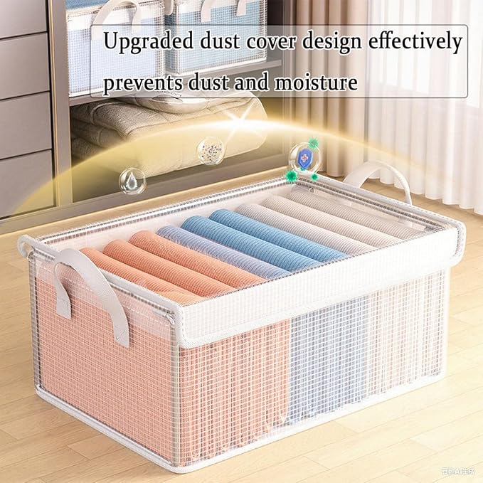 4PCS Foldable Storage Box with Lid - Extra Large FabricCloset Organizer for Clothes, 18.5x11x7.9 Inch Canvas Bin,Collapsible Design for Bedroom, Shelf, Closet, Underbed (Clear)