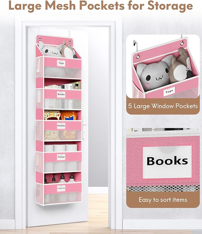 Optish Over The Door Organizer Hanging, 5 Shelf Behind The Doors Storage, Pantry Door Organizer, Closet Organizers for Bedroom and Nursery (Pink)