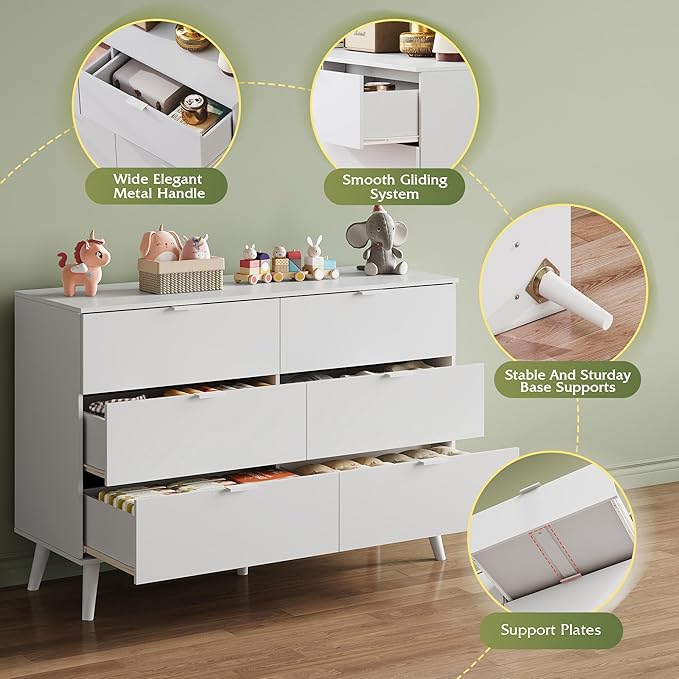 WLIVE White Dresser for Bedroom, 47'' Wide 6 Drawer Wooden Chest of Drawers, Modern Dresser Storage Organizer, TV Stand for 55 inch TV, for Living Room, Hallway, Closet